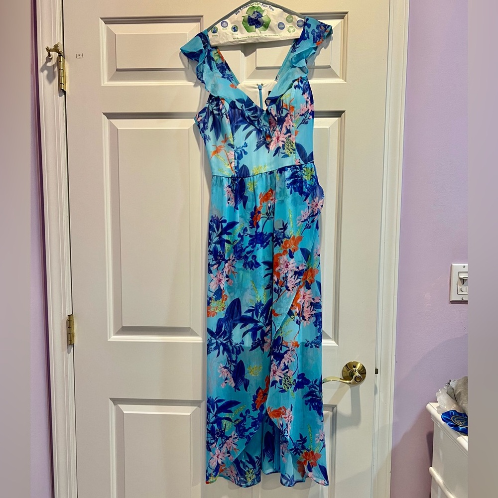 Guess Tropical Floral Maxi Dress in Turquoise with Blue & Orange Accents